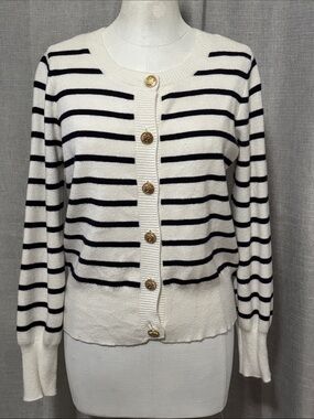 Cyrus Cardigan-Sz S-Rayon Blend-Gold Button-White & Black Stripes-Light Wear-GUC